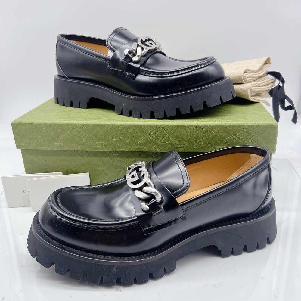 Gucci Men's Loafers Lug Sole Interlocking G LOGO Chain Black Leather UK 9 US 9.5